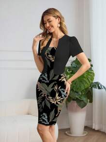 Glamance Joyce Ellen 女士热带植物印花修身短袖优雅连衣裙，搭配二合一造型，日夜装，女士旅行装，机场街头装