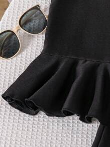 Girls Vacation Casual Ruffle Crop Top + Wide Leg Pants 2 Pieces Set - Black - View 6