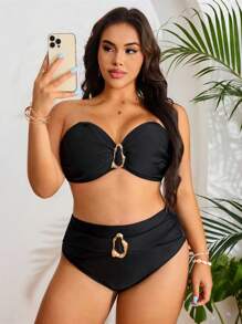 SHEIN Swim Curve 大码女式两件套纯色休闲泳衣套装