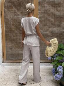 DAZY 2pcs Women Summer Minimalist Solid Color Textured Batwing Sleeve Top And Pants Set
