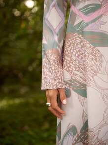Sunsella Vestito lungo elegante da donna per estate, vacanza, in chiffon, a stampa, aderente, a maniche lunghe, a linea A, per occasioni speciali