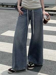 DAZY 女式纯色休闲时尚系腰牛仔裤 - 中等水洗藍 - 查看 2