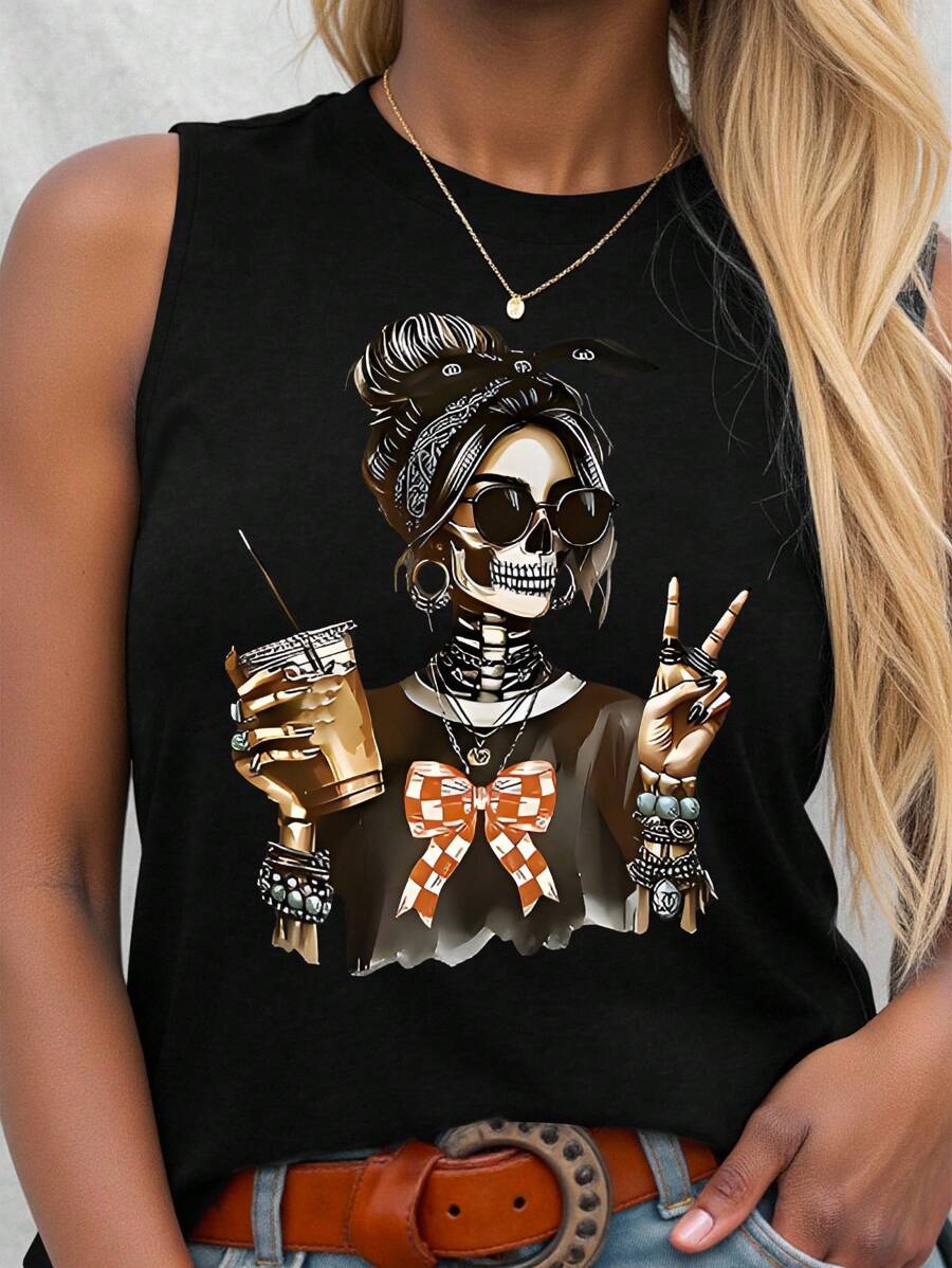 SHEIN LUNE Plus Size Women Casual Skull Graphic Round Neck Tank Top, Summer - Black - View 1