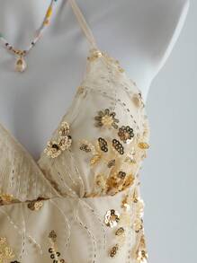 Zolique 浪漫闪亮蓝色亮片吊带背心，适合夏日海滩度假 - 杏色 - 查看 3