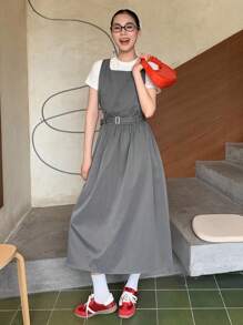 DAZY Đầm nữ kiểu Hàn Quốc màu trơn cổ tròn dài ngang gối, đầm mùa hè cho nữ. - Xám - Xem 4