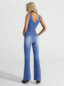 Jeanoix 时尚休闲修身女式高腰无袖牛仔连体裤 - 深色水洗藍 - 查看 2