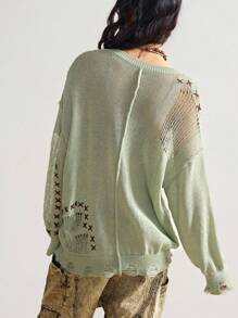 Bohemela 复古镂空刺绣落肩宽松针织毛衣西部复古乡村风度假夏/秋季绿色毛衣针织上衣毛衣上衣针织毛衣夏季毛衣秋季上衣 - 綠色 - 查看 7