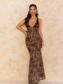 SHEIN SXY Brown,Summer,Chic,Party Night Women Lace Patchwork Backless Maxi Halter Mermaid Dress,Fall Leopard Print Cocktail Party,Formal Date Bridesmaid Dress - Multicolor - View 3