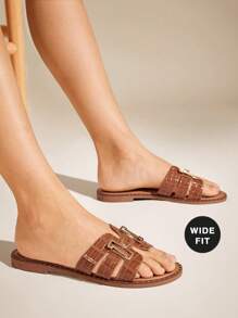 SHUZIA Sandal Selop Terbuka dengan Ujung Terbuka dan Hiasan Emas - Coklat - View 5