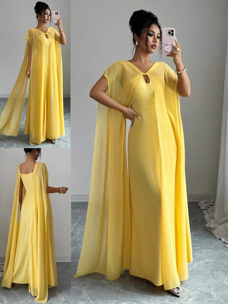 Elenzga 女士优雅纯色斗篷袖连衣裙 - 黃色 - 查看 1