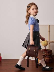 PrepCrw Conjunto de Blusa de Manga Curta com Gola Contraste e Saia Plissada Mini de Estilo Preppy para Jovens Garotas - Multicolorido - Visão 4