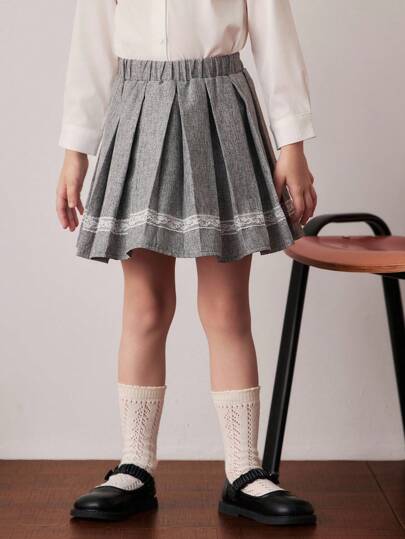  PrepCrw 女童撞色蕾丝褶裥A字裙，校园风校服，适合返校日和开学第一天穿着