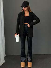EURMUSE Cardigan With Hoodie Detail And Black Everyday Autumn Casual - Black - View 4