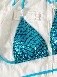 Swim SXY 2 件女式夏季海滩鳞片状铝箔纹理上衣，带吊带领和珍珠装饰比基尼泳装 - 藍色 - 查看 7