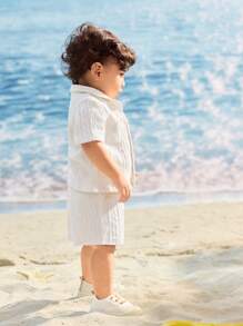 Cozy Pixies Set de 2 piezas de jersey de punto suave de cuello polo y pantalones cortos de cintura elástica para bebé niño - Albaricoque - Ver 5