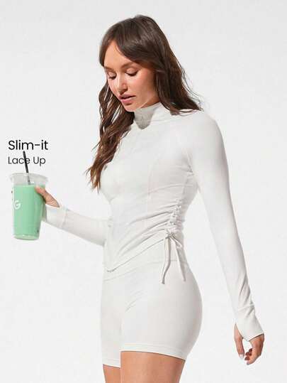 GLOWMODE Kurtka FeatherFit™ Cool Contour odprowadzająca pot, elastyczna, ściągana bokami, dopasowana, z otworami na kciuki, osłoną zamka, joga, pilates, studio barre, codzienne codzienne ubranie