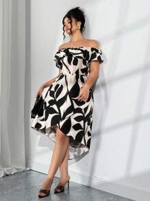 Elenzga 大码优雅花卉印花露肩连衣裙，夏季