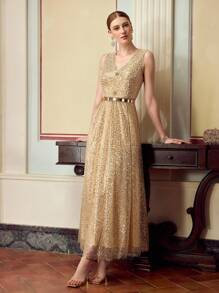 ZEYLAH Sparkly Mesh V-Neck Sleeveless Slim Waist Dress, Party Gown For Women - Apricot - View 4