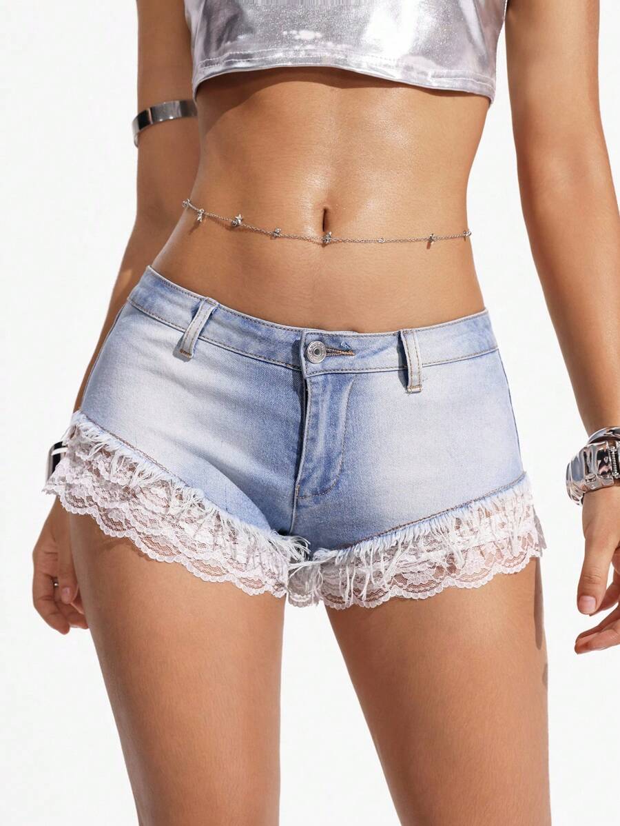 SHEIN Unity Quần short denim bó eo thấp ren chắp vá cho nữ - Rửa nhẹ - Xem 1