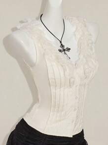 SHEIN ICON Y2k Women's Western Country Concert Boho Hippie Beige Goth Open Front Sleeveless Lace Trim Top, Y2k Tops - Beige - View 9