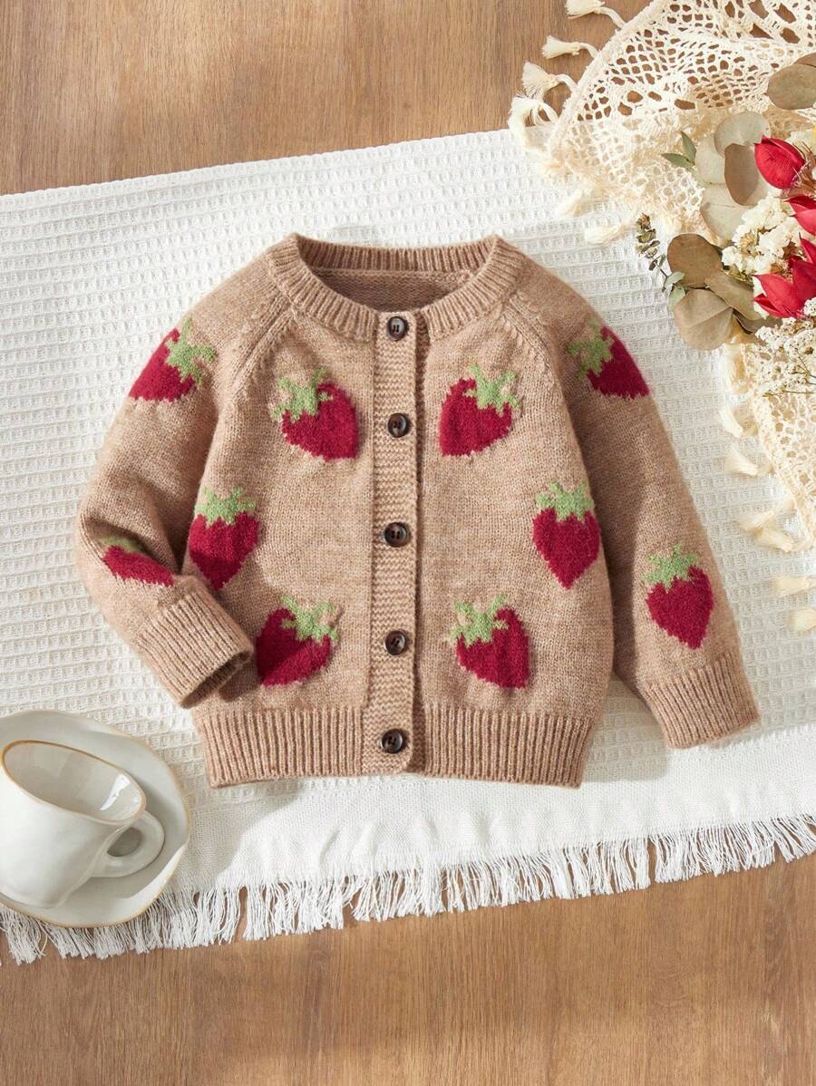 Blossori 女宝宝优雅法式草莓图案前扣针织开衫 - 彩色 - 查看 1