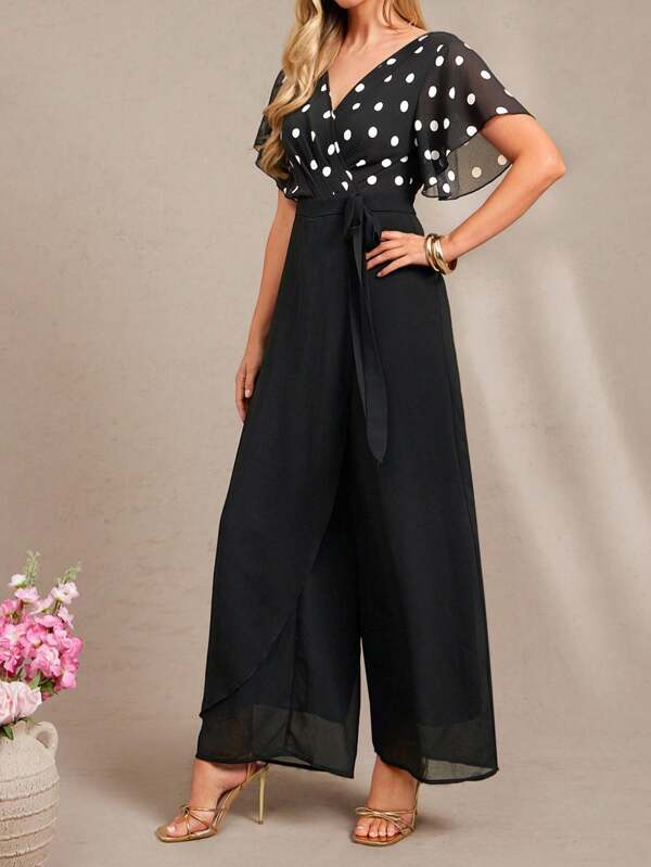 Amorya Women's V-Neck Ruffle Sleeve Chiffon Polka Dot Splice Black Jumpsuit, Suitable For Daily Outings & Multiple Occasions Polka Dot Polka Dot Jumpsuit Womens Jumpsuit Elegant Jumpsuit Teacher Outfits