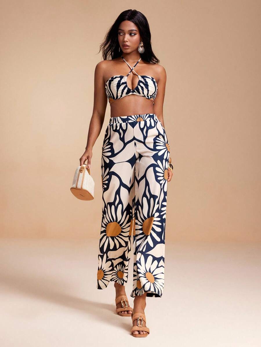 JIAN LASALA Floral Printed Straight-Leg Long Pants, Summer Vacation Casual Floral Vacation Pants, Resort Wear Rave Festival Vintage Homecoming SXY Fall Business Going Out Pants - Multicolor - View 1