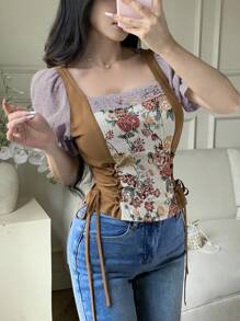Modelyn 女士优雅拼色提花交叉系腰衬衫，夏季 - 紫色 - 查看 3