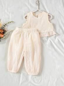 SHEIN Vintaside Kids Conjunto de bebe niña con top sin mangas y pantalones de unicolor y diseño simple - Albaricoque - Ver 5