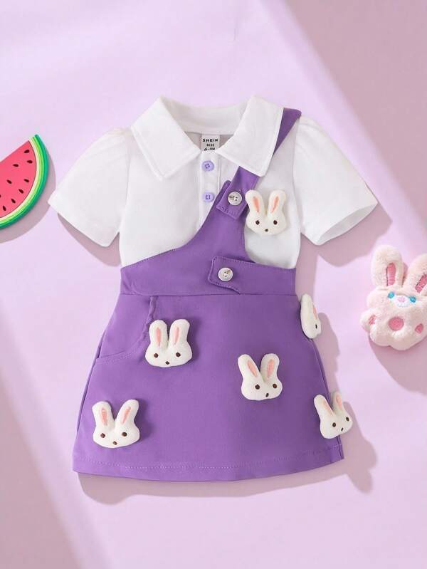 SHEIN Persoplay Kids Top alb cu mânecă scurtă pentru fetițe + Set rochie cu bretele la modă