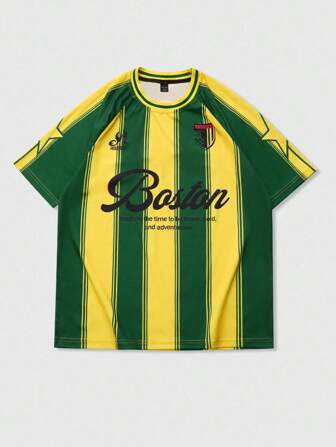 Prep Men's Summer Round Neck Jersey Football Letter Striped Print Short Sleeve T-Shirt