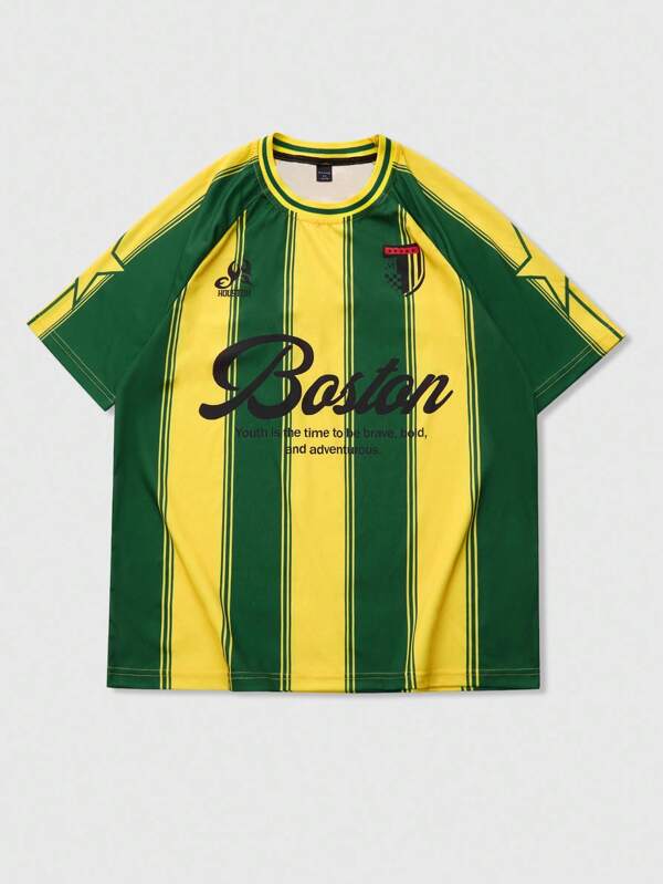 ROMWE MEN Street Life Tricou de vară pentru bărbați cu guler rotund, imprimeu cu dungi și mânecă scurtă, cu imprimeu de fotbal