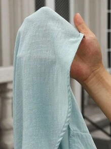 Manfinity Homme Áo sơ mi vải lanh dài tay đơn giản, cài nút phía trước, màu trơn, dành cho mùa thu - Màu xanh Bạc hà - Xem 8