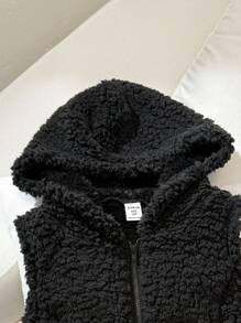 SHEIN Tween Girl 休闲街头时尚舒适双面羊毛拉链连帽短款无袖夹克，黑色