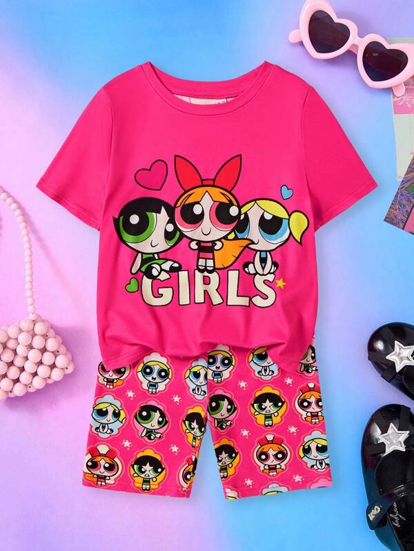 THE POWERPUFF GIRLS X SHEIN 2pcs/Set Young Girl Pink Cute Sweet Blossom, Bubbles, Buttercup Pattern T-Shirt And Leggings Suit, Suitable For Spring, Summer, Autumn