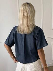 Livesso Women's Summer Denim Jacket With Collar, Short Sleeve & Lace Ribbon Decoration - Blue - View 2