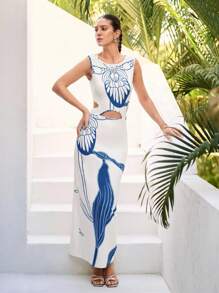 Sunsella Abito lungo elegante da donna estivo senza maniche con cut-out e spacco, adatto per vacanze e spiaggia