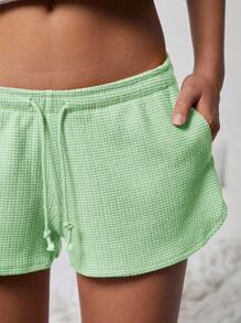 WESTFADE Cute Mid Rise Tie Front Textured Knit Lounge Shorts - Green - View 3