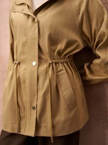 Zivah 女士 2025 秋冬新款时尚、音乐节、毕业季、学院风、学生装、日常休闲、度假、海滩、日光浴、街头服饰、通勤优雅、立领长袖收腰夹克（带口袋）、短款风衣 - 卡其色 - 查看 7