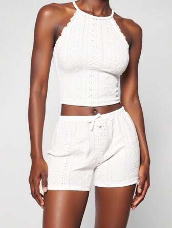 ROMWE Avant Ensemble de pyjama d'été décontracté pour femmes, ajouré, en tricot, polyvalent et assorti