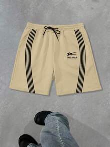 Claim Dot Men's Letter Striped Drawstring Waist Pocket Casual Shorts, Suitable For Casual Sports, Commuting, Back To School, Vacation, Ideal Gift For Boyfriend/Husband