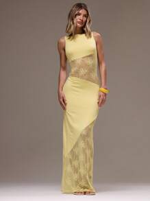 MUSERA 蕾丝拼接露背修身长裙，奶油黄，优雅场合：生日、度假、赛马会、派对、春夏长裙、毕业舞会 - 淡黃色 - 查看 1
