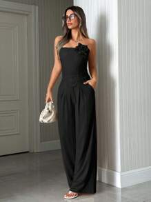 EURMUSE OFF SHOULDER 3D ROSE TOP & MID WAIST PLEATED STRAIGHT LONG LEG PANT - Black - View 3