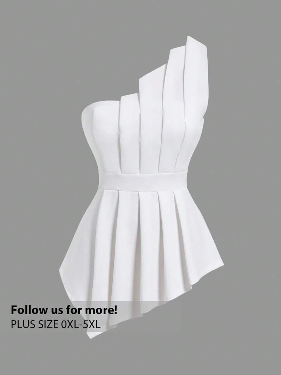 Firerie 加大码舒适休闲日常优雅约会夜褶皱不对称设计可调节肩带白色女式抹胸衬衫 - 白色 - 查看 1