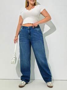 SHEIN Cottnline 100%Cotton Plus High Waist Straight Leg Jeans - Dark Wash - View 1