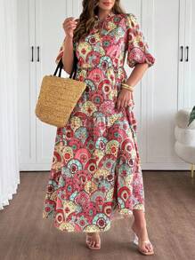 SHEIN Clasi 大码女式夏季度假风格全印花荷叶边系带泡泡袖腰部修身连衣裙 - 彩色 - 查看 4