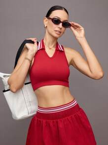 Activina 女式条纹短款修身无袖运动 Polo 衫 - 紅色 - 查看 6