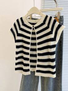 Franclia New Arrival Niche Design Striped Round Neck Chic Versatile Slim Fit Cardigan For Women - Black - View 1