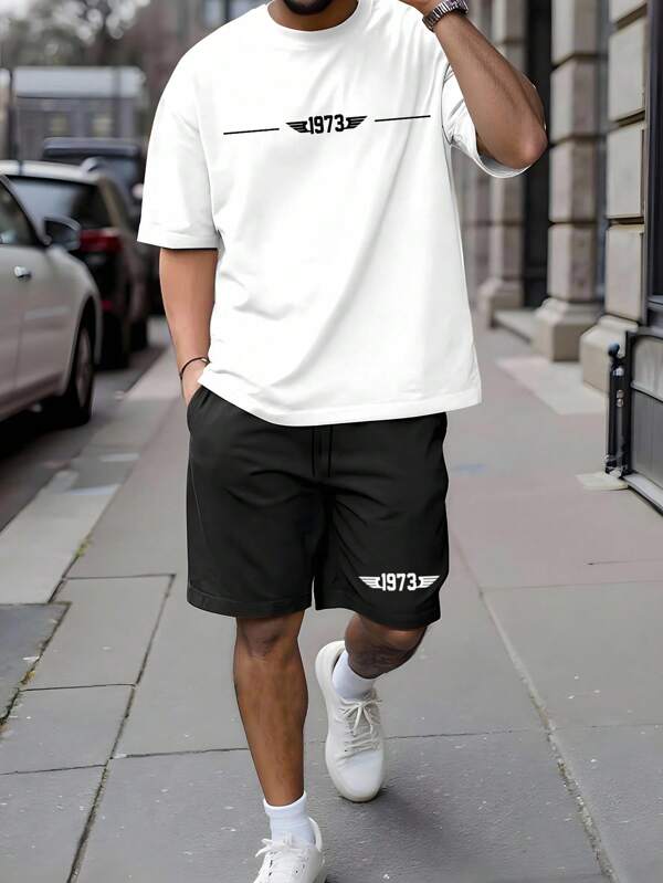 Manfinity Homme Men's Letter Print Round Neck Short Sleeve Casual T-Shirt And Drawstring Waist Shorts Set