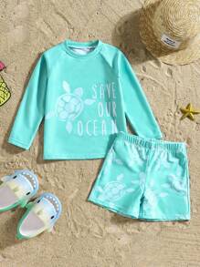 Young BoyTurtle 印花拼接短袖泳衣套装，酷炫风格